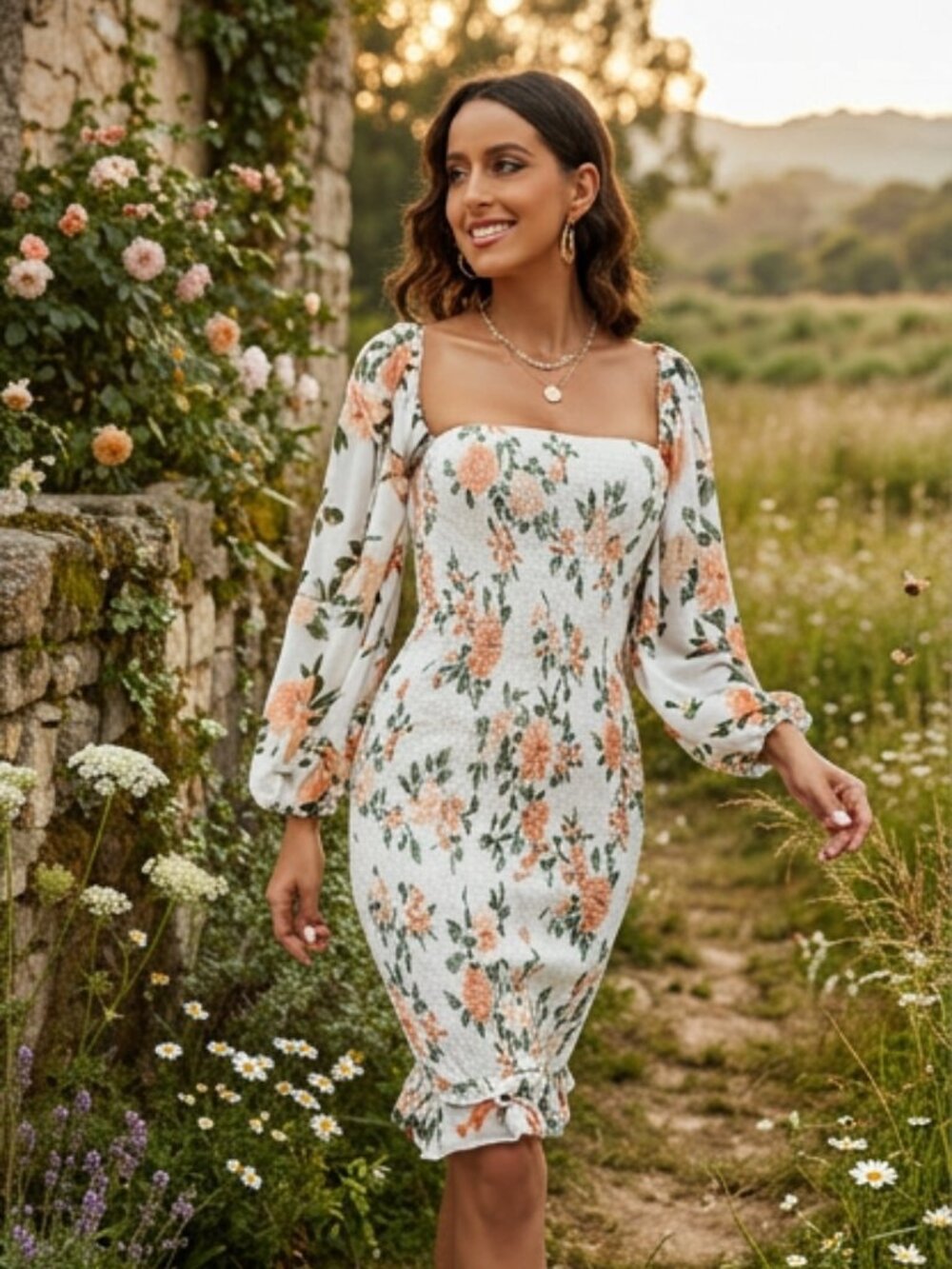 Off White Floral Fitted Dress